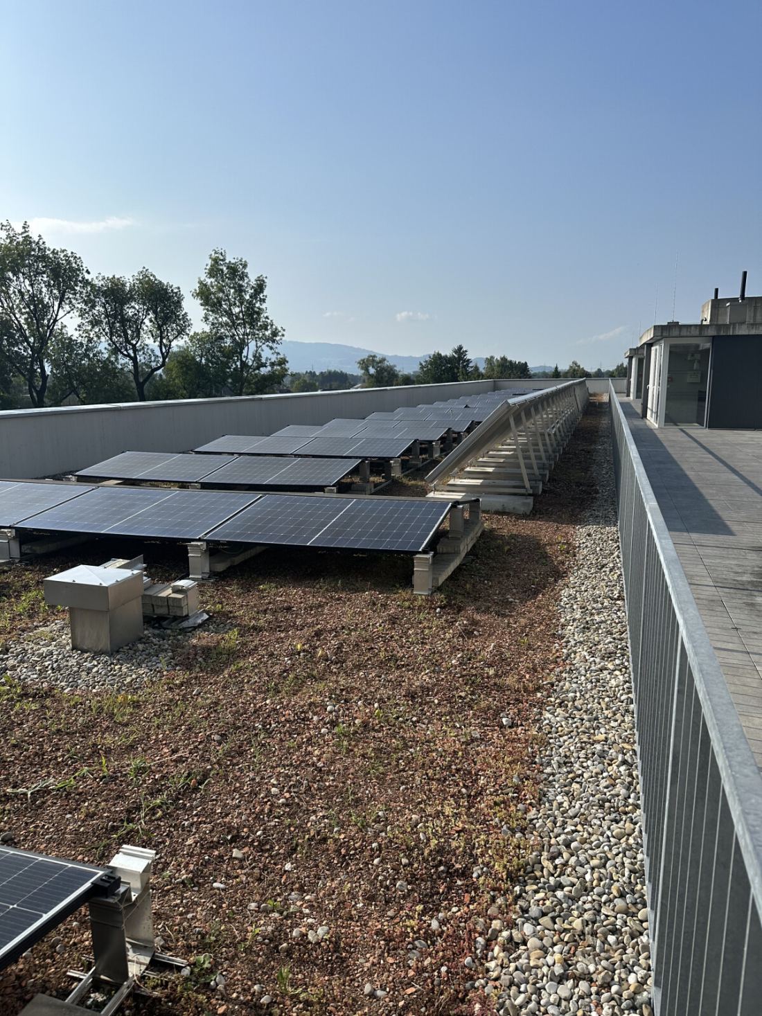 Flachdach mit Photovoltaik-Anlage und Kiesflächen, die von Horvath Reinigung gepflegt werden